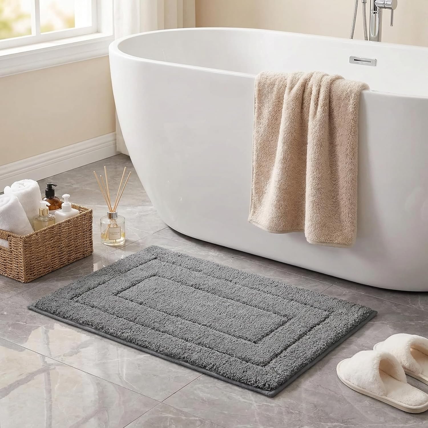 Gray Microfiber Non-Slip Bath Rug