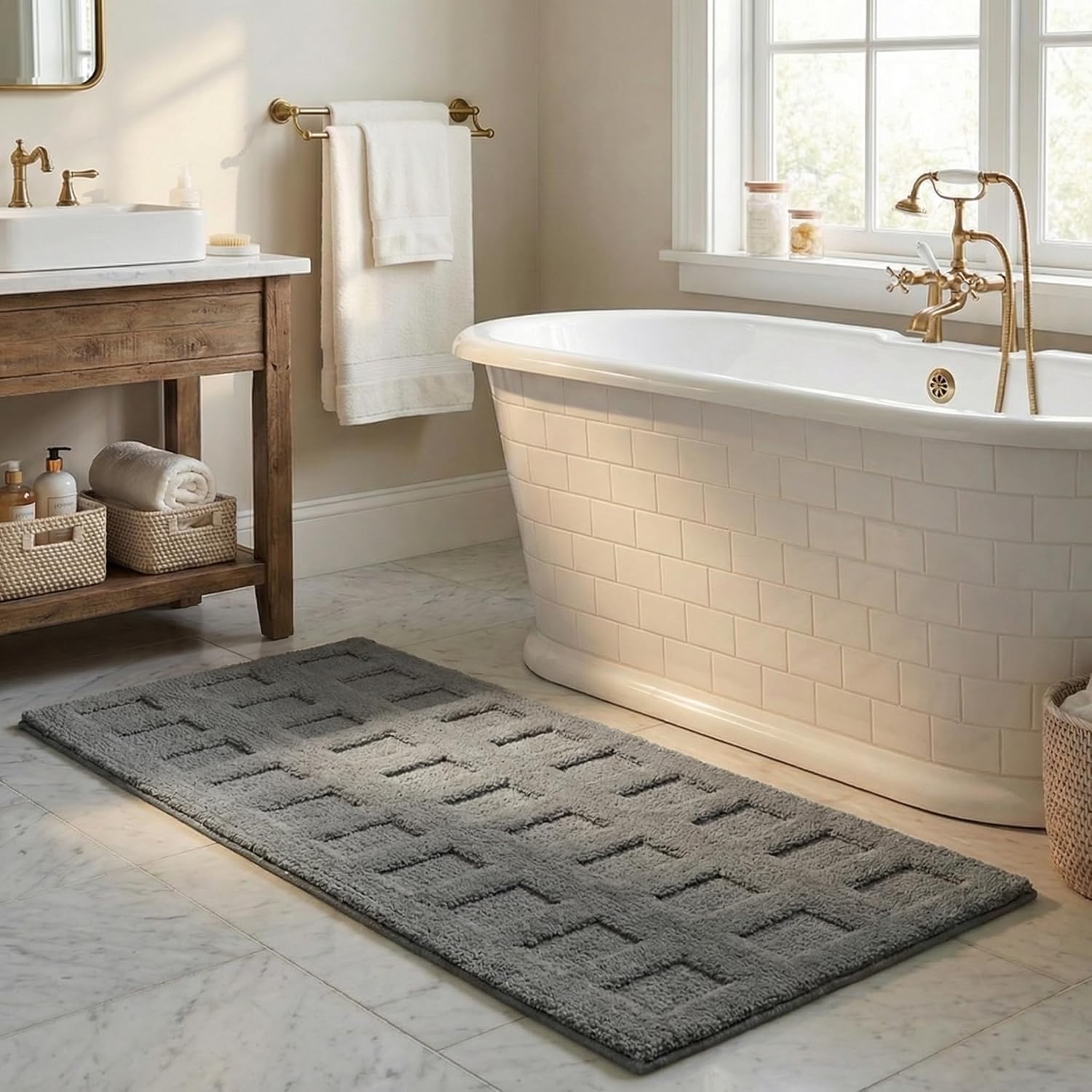 Gray Microfiber Non-Slip Bath Rug