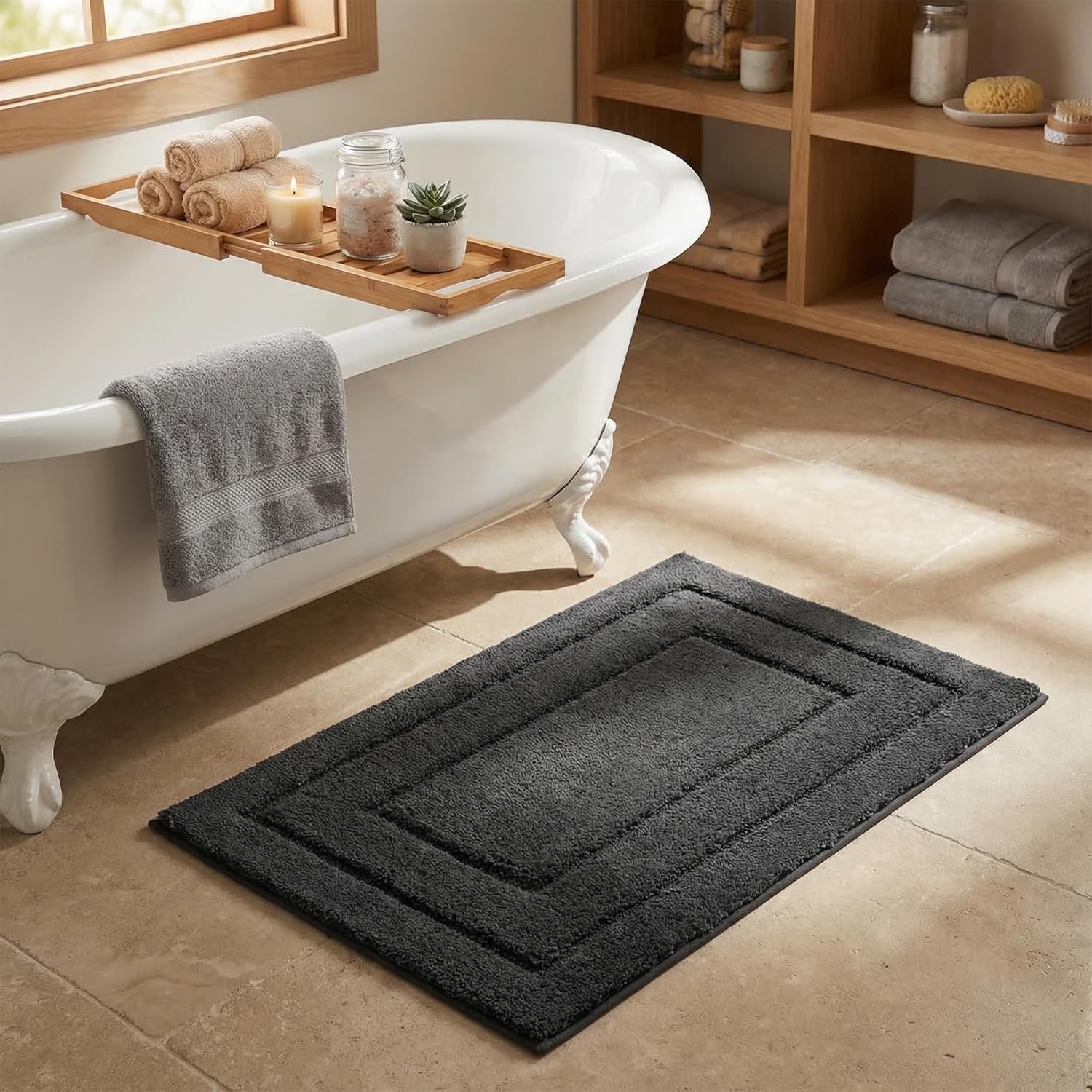 Gray Microfiber Non-Slip Bath Rug