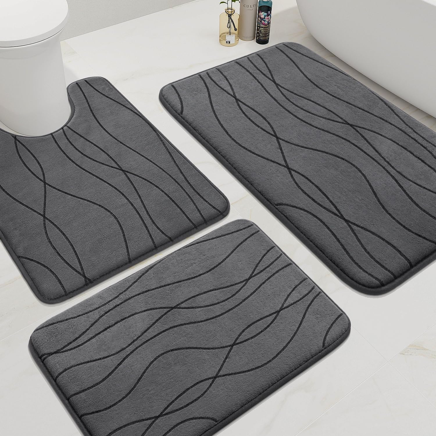 Dark Grey Memory Foam Bath Rug Set